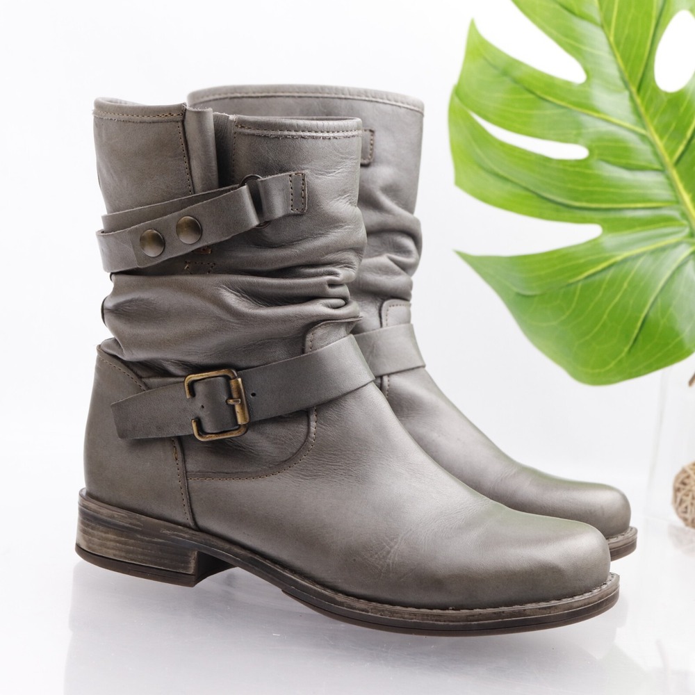 Eric Michael Womens Laguna Boots Size 7.5 Gray Leather Biker Mid Calf Buckle Zip